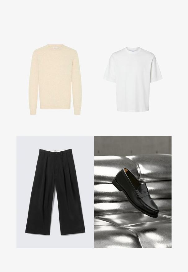 Suéter beige claro hecho de una suave tela de punto, con un escote redondo y mangas largas, y con puños y dobladillo acanalados.; Camiseta blanca lisa de manga corta con cuello redondo y corte holgado mostrada sobre un fondo blanco.; Pantalones anchos negros con pliegues, trabillas para cinturón y cierre de botón, mostrados sobre un fondo gris claro.; Zapato mocasín de cuero negro flotando sobre un sofá plateado brillante con tapizado capitoné de cuero en un ambiente minimalista.