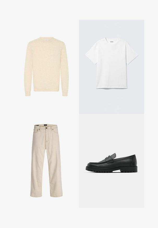 Suéter beige claro hecho de una suave tela de punto, con un escote redondo y mangas largas, y con puños y dobladillo acanalados.; Camiseta blanca de manga corta con cuello redondo, colocada plana, diseño liso, con etiqueta "WEEKDAY" en el interior del cuello sobre un fondo claro.; Vaqueros beige de corte recto con cinco bolsillos, cierre de botón y cremallera, trabillas para cinturón y costuras en contraste de Jack & Jones.; Mocasines de cuero negro con punta redonda, que cuentan con un diseño cosido, suela de plataforma baja y una suela de goma texturada y con tacos.