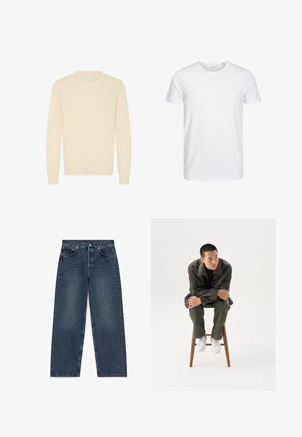 Suéter beige claro hecho de una suave tela de punto, con un escote redondo y mangas largas, y con puños y dobladillo acanalados.; Camiseta de manga corta y cuello redondo en blanco sólido, fabricada en algodón suave, presenta un diseño simple sin patrones ni acentos visibles.; Vaqueros de denim azul oscuro de pierna recta con cinco bolsillos y cierre de botón, extendidos sobre un fondo blanco.; Joven con chaqueta de cuero oscura y vaqueros sentado en un taburete de madera, inclinado hacia adelante con los brazos cruzados, mirando hacia un lado contra un fondo blanco.
