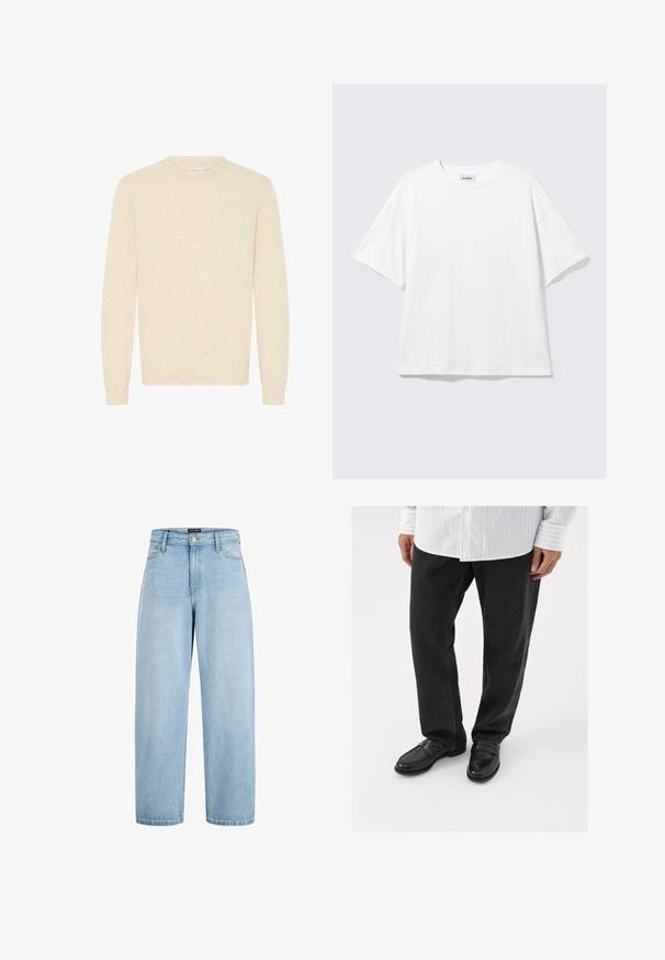 Suéter beige claro hecho de una suave tela de punto, con un escote redondo y mangas largas, y con puños y dobladillo acanalados.; Camiseta blanca de gran tamaño con mangas cortas, cuello redondo y hombros caídos, plana sobre fondo gris claro.; Vaqueros de tiro alto de color azul claro con pierna ancha, bolsillos delanteros, trabillas para cinturón y cierre de botón y cremallera.; Pantalones de mezclilla negros combinados con mocasines negros brillantes. La camisa es blanca con finas rayas verticales, de mangas largas y con cuello abotonado.