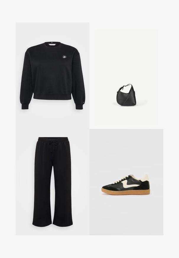 Sweatshirt en polaire noire avec un col rond, des poignets et une ceinture côtelés. Présente un petit logo brodé sur la poitrine. Texture douce.; Pantalons de survêtement larges noirs avec une taille élastique et un cordon de serrage, présentant une texture lisse et sans motifs ni accents visibles.; Baskets en daim et cuir noir avec un swoosh latéral crème et un talon crème clair. Dotées de lacets beige et d'une semelle en caoutchouc gomme.; Sac à bandoulière en cuir noir avec une forme triangulaire arrondie et une sangle réglable sur un fond clair uni.