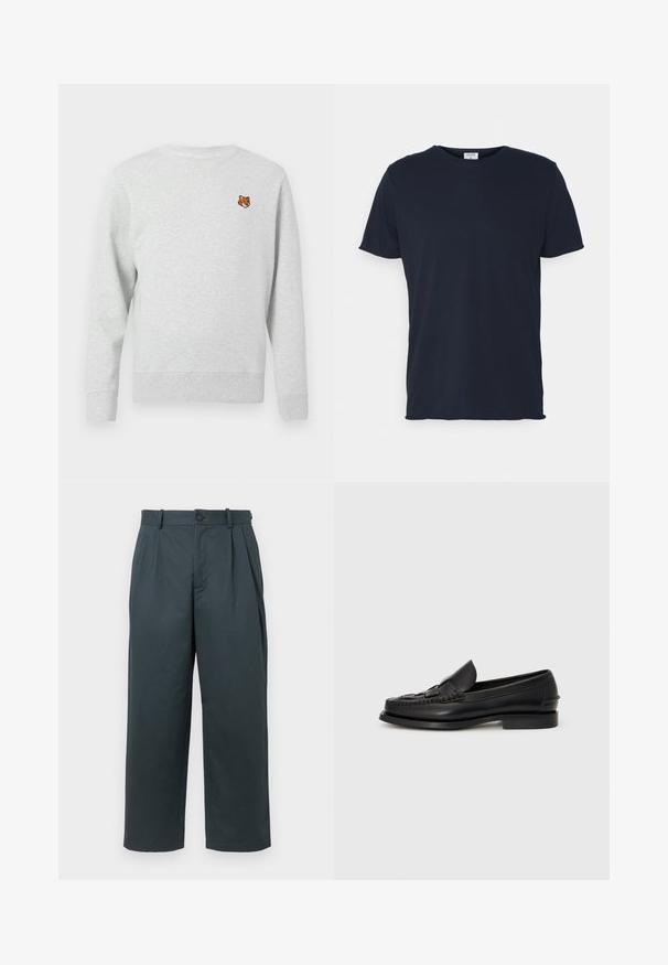 Sweatshirt gris à manches longues, col rond et poignets côtelés, avec une petite tête de renard brodée sur le côté gauche de la poitrine. Tissu doux et texturé.; T-shirt en coton bleu marine avec un col rond et des manches courtes, présentant une texture lisse et un design simple, sans motifs ni accents visibles.; Pantalons larges en vert foncé fabriqués en tissu léger et doux. Avec des plis à l'avant, une fermeture à bouton et des passants de ceinture. Design ajusté.; Mocassin en cuir noir avec un détail tissé à l'avant, bout arrondi et petit talon. Texture lisse et design minimaliste.