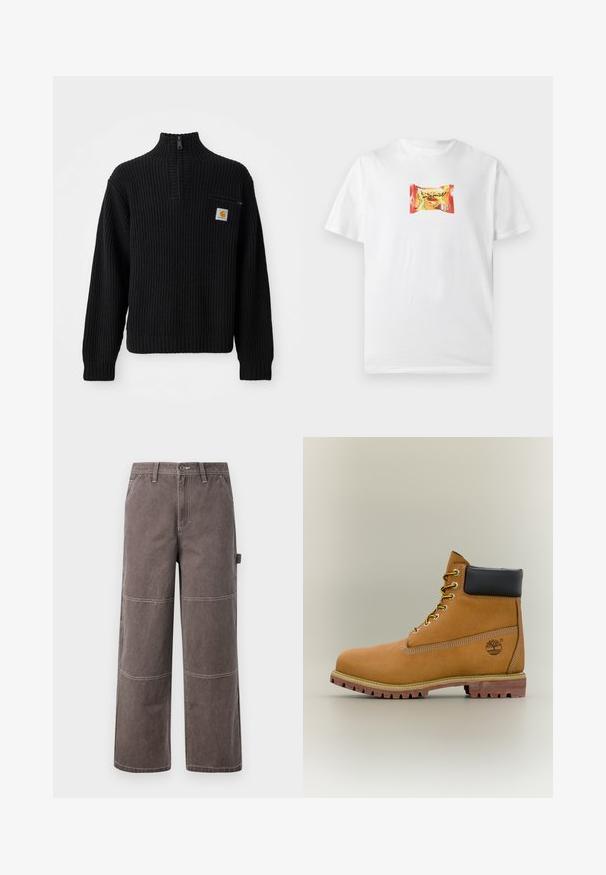 Zwarte geribbelde gebreide trui met een hoge hals, halve rits en een kleine borstzak met een logo. Lange mouwen en textuurstof.; Wit T-shirt met korte mouwen met een kleine kleurrijke afbeelding van een snackverpakking met vetgedrukte tekst en groene erwten in het midden van de borst.; Wijd been broek in een vervaagde bruine kleur, gemaakt van duurzaam materiaal met contrasterende stiksels. Kenmerkt paneeldetails en een zijzak.; Bruine leren enkellaars met zwarte kraag, gele veters en een zandkleurige zool. Voorzien van een logo en witte stikseldetails. Robuuste loopzool met grip.