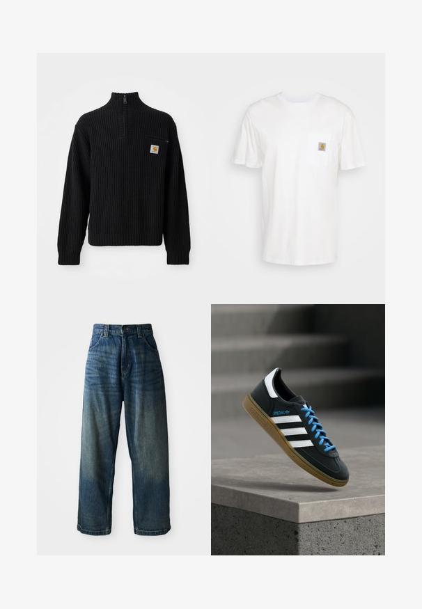 Zwarte geribbelde gebreide trui met een hoge hals, halve rits en een kleine borstzak met een logo. Lange mouwen en textuurstof.; Witte katoenen t-shirt met korte mouwen, een borstzak en een klein vierkant logo-opdruk in oranje en wit op de zak.; Wijdvallende blauwe denim jeans met een vervaagde afwerking. Bevat vijf zakken, een knoopsluiting en contrasterende stiksels. Zwaar gewicht stof.; Zwarte Adidas-sneaker met witte strepen, blauwe veters en een gumzool die boven een grijze betonnen trede zweeft in zacht licht.