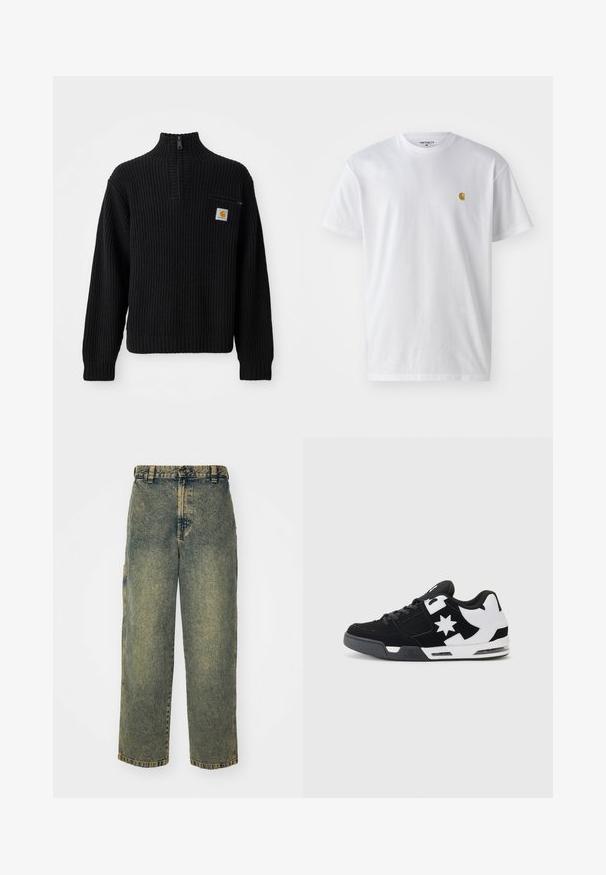 Pull en maille côtelée noir avec un col haut, une demi-fermeture éclaire et une petite poche poitrine avec un logo. Manches longues et tissu texturé.; T-shirt en coton blanc à manches courtes, col rond, avec un petit logo doré sur la poitrine gauche. Texture douce et coupe régulière.; Jeans en denim ample avec un délavage bleu et vert. Comprend une fermeture à bouton, des passants de ceinture et des poches latérales. Pas de pli à l'avant et design à jambe droite.; Baskets noir et blanc avec des matériaux en daim et en maille. Dotées d'un logo étoile proéminent et d'accents audacieux sur le côté, avec une semelle rembourrée.