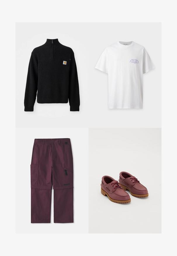Suéter negro de punto acanalado con cuello alto, media cremallera y un pequeño bolsillo en el pecho con un logotipo. Mangas largas y tejido texturizado.; Camiseta blanca de manga corta con pequeño logo morado de Carhartt y marco decorativo en el lado izquierdo del pecho.; Pantalones cargo convertibles burdeos con bolsillo lateral con cremallera y logo de Timberland en la pierna derecha, mostrando la entrepierna extendida.; Un par de zapatos de barco de cuero marrón oscuro con suelas de goma gruesas color beige y cordones rojos sobre un fondo blanco.