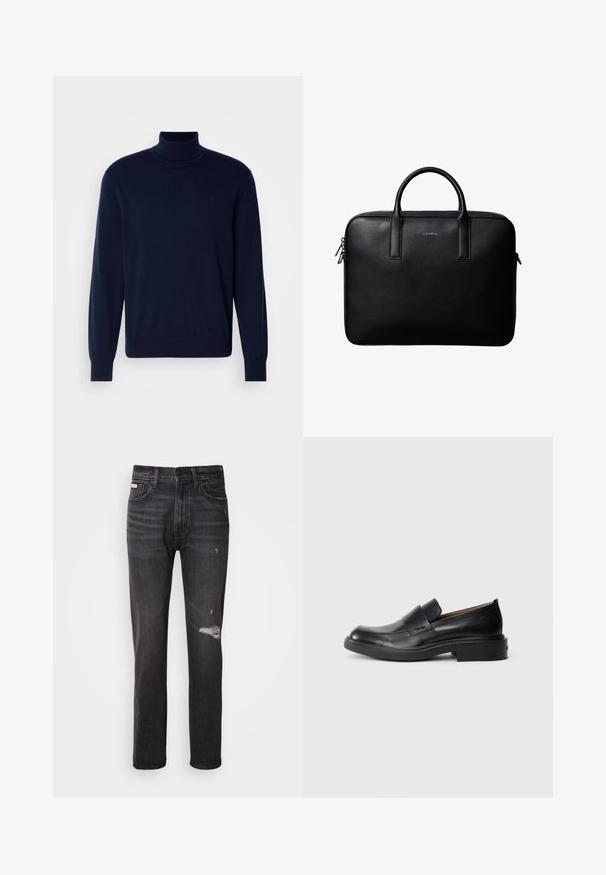 Námornícky modrý rolák vyrobený z mäkkej pletenej látky; má dlhé rukávy a decentné logo na hrudi; elegantný design.; Čierne džínsy z denimu s rovnými nohavicami, so zničením v oblasti kolena, štýlom s piatimi vreckami a mierne vyblednutým povrchom.; Čierne kožené slip-on formálne topánky s nízkym podpätkom a diskrétnym logom Calvin Klein na boku, zobrazené v profilu na bielom pozadí.; Čierna textúrovaná kožená aktovka s dvojitými rúčkami a striebornými zipsami, centrovaná na bielom pozadí.