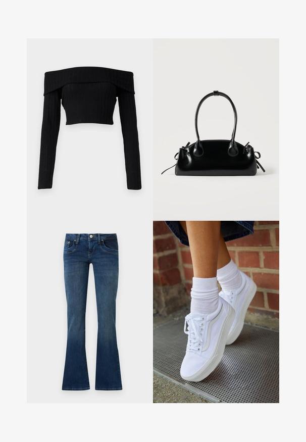 Top court en tricot côtelé noir à épaules dénudées avec manches longues, présentant un col replié et une silhouette ajustée.; Jean bootcut en denim bleu avec poches avant et fermeture par bouton, présenté sur un fond gris clair uni.; Baskets en toile blanches avec semelles en caoutchouc, dotées de six œillets, d'un bout rond et de détails de couture légers, portées avec des chaussettes blanches mi-mollet.; Petit sac à main noir brillant avec deux longues anses et des détails à cordon sur les côtés sur un fond clair uni.
