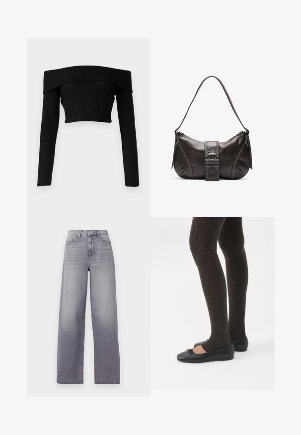 Top court en tricot côtelé noir à épaules dénudées avec manches longues, présentant un col replié et une silhouette ajustée.; Jeans taille haute à jambes larges en denim gris clair. Présentent un design classique à cinq poches, un léger délavage et une fermeture à bouton en métal.; Jambes portant des leggings côtelés foncés associés à des ballerines noires avec de petits détails en nœud sur fond blanc.; Sac à épaule en cuir marron avec une forme courbée, présentant un détail de boucle proéminent, des coutures contrastantes et une seule bandoulière.