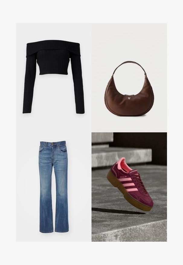 Top court en tricot côtelé noir à épaules dénudées avec manches longues, présentant un col replié et une silhouette ajustée.; Jeans en denim bleu évasés avec un lavage moyen, dotés d'une taille haute, de passants de ceinture et de poches avant. Texture lisse avec un minimum d'usure.; Baskets en daim bordeaux avec des accents roses, présentant trois bandes, une semelle en gomme texturée et un embout renforcé. Design épuré, profil bas.; Sac à main en cuir marron en forme de croissant avec poignée tressée et logo métallique triangulaire discret sur le devant.