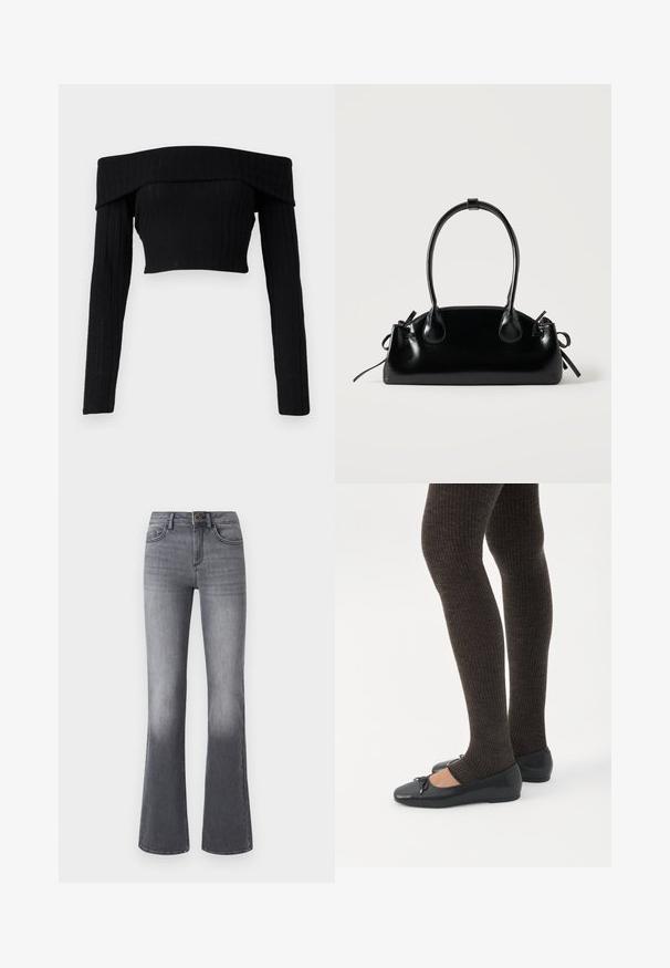 Μαύρο cropped τοπ από ριμπ ύφασμα χωρίς ώμους με μακριά μανίκια, διαθέτοντας διπλωμένο λαιμό και εφαρμοστή σιλουέτα.; Τζιν ψηλόμεσο με καμπάνα σε σκούρο γκρι τζιν ύφασμα, με μπροστινές τσέπες, κλείσιμο με κουμπί και διακριτική ξεθώριαση προς το τελείωμα.; Πόδια με σκουρόχρωμα ριμπ κολάν συνδυασμένα με μαύρα μπαλαρίνα παπούτσια με μικρές λεπτομέρειες φιόγκων σε λευκό φόντο.; Μικρή μαύρη γυαλιστερή τσάντα με δύο μακριές λαβές και λεπτομέρειες με ρυθμιζόμενο κορδόνι στο πλάι σε απλό ανοιχτό φόντο.