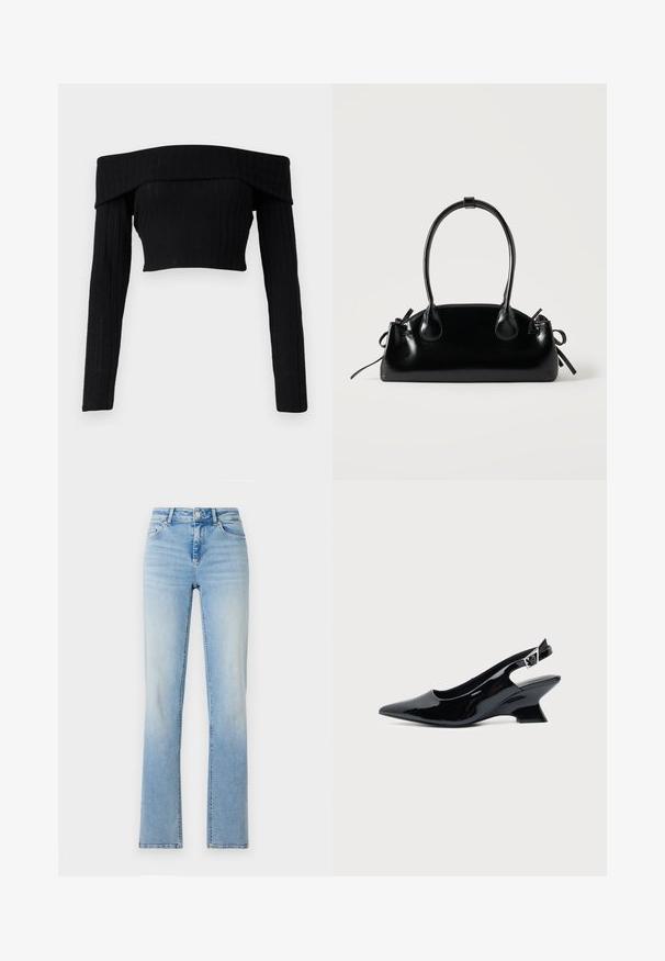 Μαύρο cropped τοπ από ριμπ ύφασμα χωρίς ώμους με μακριά μανίκια, διαθέτοντας διπλωμένο λαιμό και εφαρμοστή σιλουέτα.; Ανοιχτό μπλε τζιν παντελόνι με ψηλή μέση, ίσια εφαρμογή και διακριτική φθορά. Διαθέτει πέντε τσέπες και θηλιές ζώνης.; Μαύρο παπούτσι slingback από πατενταρισμένο δέρμα με μυτερή μύτη και χαμηλό κεκλιμένο τακούνι τύπου block σε απλό φωτεινό φόντο.; Μικρή μαύρη γυαλιστερή τσάντα με δύο μακριές λαβές και λεπτομέρειες με ρυθμιζόμενο κορδόνι στο πλάι σε απλό ανοιχτό φόντο.