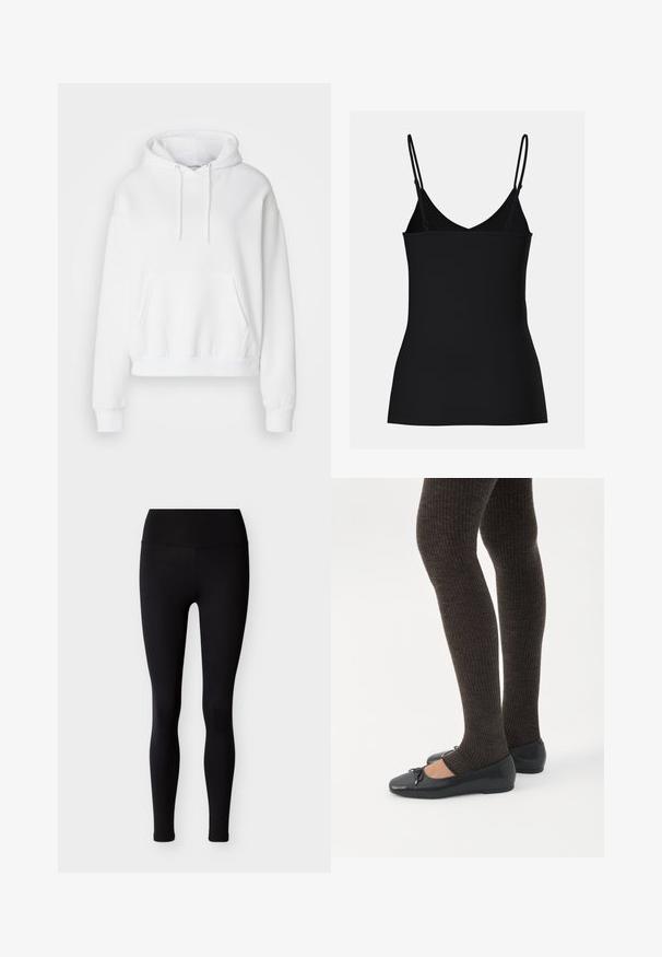 Hvid hættetrøje med lomme foran, ribbede manchetter og kant. Blødt stof og afslappet pasform, med snore i hætten.; Sort cami-top med tynde justerbare stropper, V-hals design, tætsiddende form og sømløs tekstur. Enkel og minimalistisk stil.; Sorte leggings lavet af elastisk stof med en høj talje og tætsiddende design. Glat tekstur uden mønstre eller pynt.; Ben iført mørke ribbede leggings kombineret med sorte balletsko med små sløjfedetaljer på hvid baggrund.