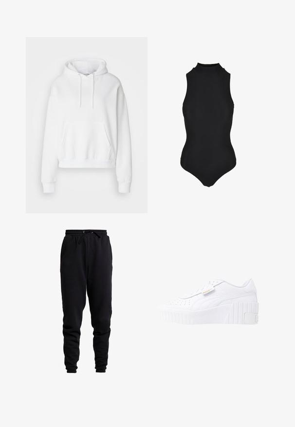 Sweatshirt blanc à capuche avec une poche avant, des poignets et un ourlet côtelés. Tissu doux et coupe décontractée, avec des cordons de serrage sur la capuche.; Body noir sans manches en rib avec col montant et silhouette ajustée.; Pantalons de jogging noirs en tissu doux, dotés d'une taille élastique avec cordon de serrage, de jambes fuselées et de poignets côtelés.; Baskets plateforme blanches en cuir avec une semelle en caoutchouc texturé, un dessus perforé pour la respirabilité et un détail logo doré sur le côté.