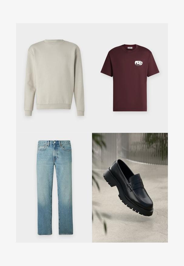 Sudadera gris claro con cuello redondo, mangas largas y textura suave. Presenta un pequeño logo bordado en el pecho.; Camiseta de color burdeos oscuro de manga corta con cuello redondo y un pequeño gráfico blanco y texto en el pecho izquierdo que dice "Marco Polo Denim."; Jeans de denim azul claro con corte recto, costuras visibles y un patrón desgastado. Presenta un cierre de botón y cinco bolsillos.; Mocasines de cuero negro con suela gruesa, que presentan una correa decorativa y detalles de costura. Textura suave con un acabado pulido.