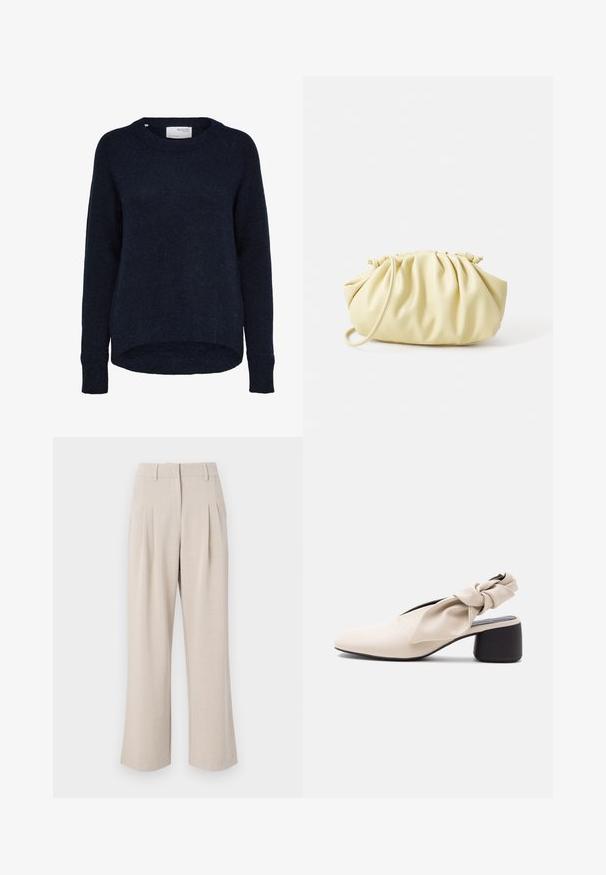 Dunkel marineblauer, gestrickter Pullover mit langen Ärmeln, rundem Ausschnitt und etwas längerem Rückensaum, mit dem Label Selected Femme.; Beige Schlaghosen mit hoher Taille, ausgestattet mit vorderen Falten, glatter Textur und maßgeschneidertem Design. Keine sichtbaren Taschen oder Verzierungen.; Beiger Damenschuh mit niedrigem Absatz, spitz zulaufender Spitze und verdrehtem Riemendetail über dem Spann und der Ferse.; Gelbe, gefaltete Handtasche aus glattem Kunstleder mit weicher Form, einzigem Schulterriemen und gerafftem Oberteil.