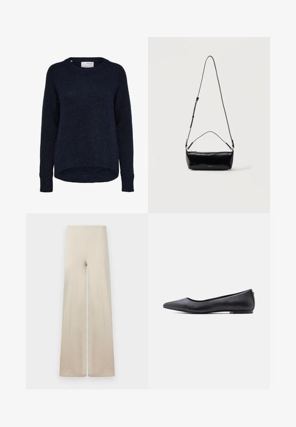 Mørk marineblå strikket langærmet sweater med rund hals og let længere bagkant, mærket Selected Femme.; Beige vidde bukser lavet af blødt stof med en glat tekstur. Har en høj elastisk talje for komfort og et rent, minimalistisk design.; Sort flad lædersko med spidst tåparti og lav hæl, vist i sideprofil mod en hvid baggrund.; Sort rektangulær læder crossbody-taske med justerbar skulderrem, top lynlås og lille gyldent Calvin Klein-logo foran.