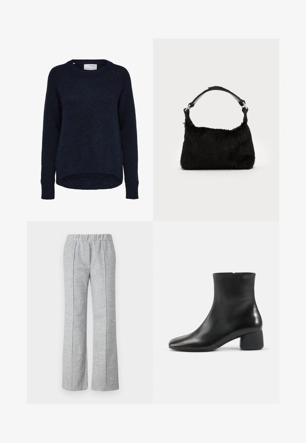 Dunkel marineblauer, gestrickter Pullover mit langen Ärmeln, rundem Ausschnitt und etwas längerem Rückensaum, mit dem Label Selected Femme.; Graue, weite Hose aus strukturiertem Stoff; verfügt über einen elastischen Bund und gefaltete Vorderdetails. Sauberes, minimalistisches Design.; Schwarzer Lederknöchelstiefel mit abgerundeter quadratischer Spitze, seitlichem Reißverschluss und klobigem niedrigem Absatz auf schlichtem hellem Hintergrund.; Schwarze Kunstfell-Handtasche mit weicher Textur, runder Form und einem stabilen schwarzen Leder-Schulterriemen. Sichtbare silberne Hardware-Akzente.