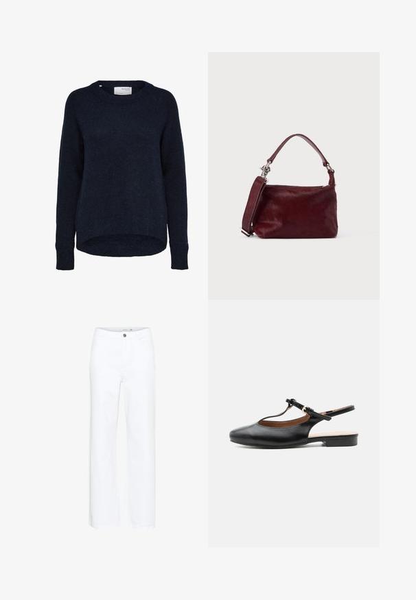 Mørk marineblå strikket langærmet sweater med rund hals og let længere bagkant, mærket Selected Femme.; Hvide brede jeans i denim. Har en knaplukning og traditionelt fem-pockets design. Glat tekstur med en ren finish.; Sort læder flad slingback-sko med T-rem og guldlås på neutral baggrund.; Lille rektangulær burgunderfarvet håndtaske med tekstureret finish, kort hank og aftagelig skulderrem på en ensartet lys baggrund.