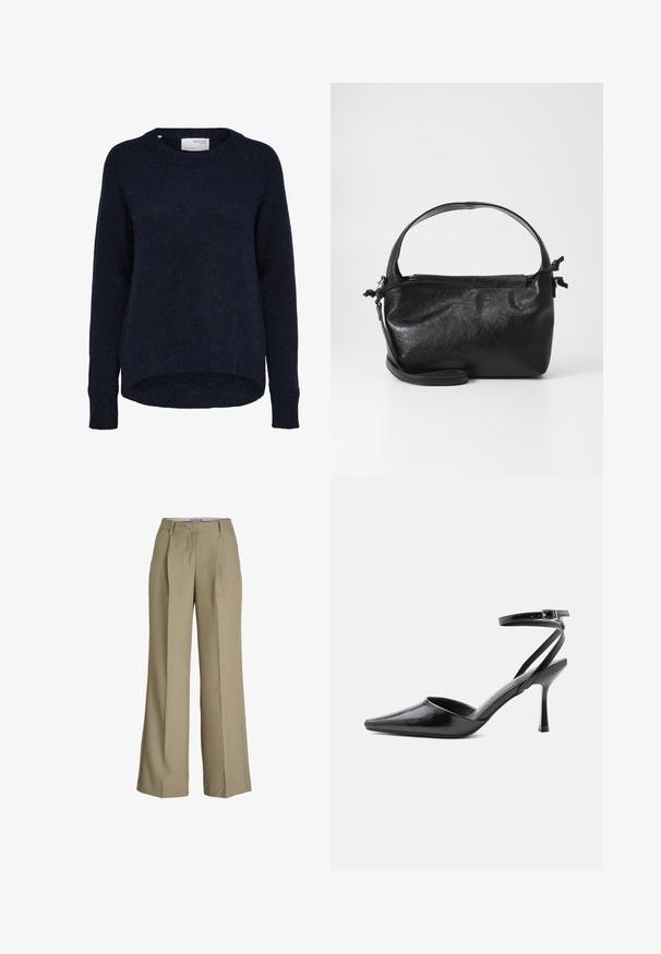 Mørk marineblå strikket langærmet sweater med rund hals og let længere bagkant, mærket Selected Femme.; Beige vide ben bukser med høj talje, frontfolder og en glat stoftekstur. Klassisk design med en skræddersyet finish.; Sort spids højhælet sko med tynde ankelremme og sølvspænde på en ensfarvet lys baggrund.; Sort læderhåndtaske med et struktureret design, rund tophåndtag og aftagelig skulderrem. Den har en glat tekstur og en subtil glans.