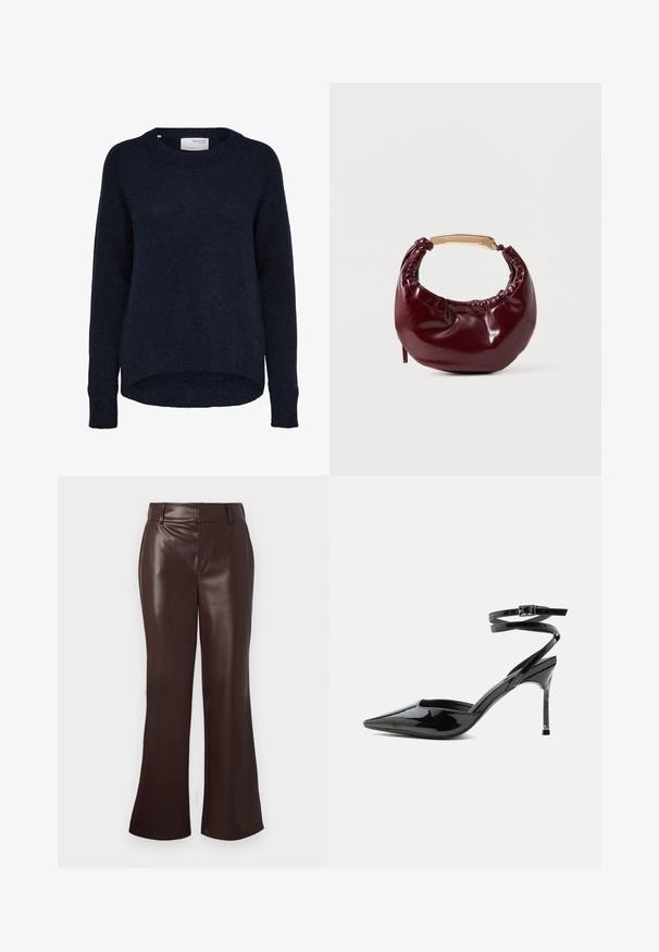 Mørk marineblå strikket langærmet sweater med rund hals og let længere bagkant, mærket Selected Femme.; Brune faux læder flared bukser med en glat tekstur, der har en bæltestrop i taljen og en lynlås foran. Rene linjer og en slank silhuet.; Sort laklæder spids tå stilet hæl med tynde ankremme og lille spænde.; Bordeaux farvet faux læder handbag med en afrundet form, samling detaljer og et guldtonet metalhåndtag. Glat tekstur og blank finish.