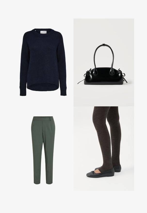 Dunkel marineblauer, gestrickter Pullover mit langen Ärmeln, rundem Ausschnitt und etwas längerem Rückensaum, mit dem Label Selected Femme.; Grüne schmal zulaufende Hose mit flachem Bund, aus einem glatten Stoff gefertigt, mit Vorderfalten und einem sauberen Abschluss am Knöchel.; Beine in dunklen, gerippten Leggings kombiniert mit schwarzen Ballerinas mit kleinen Schleifendetails auf weißem Hintergrund.; Kleine schwarze glänzende Handtasche mit zwei langen Griffen und seitlichen Kordelzug-Details vor einfachem hellem Hintergrund.