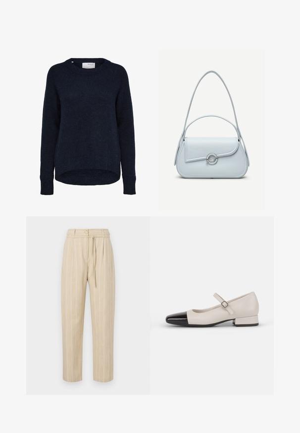Jersey de punto azul marino oscuro con mangas largas, cuello redondo y dobladillo trasero ligeramente más largo, etiquetado Selected Femme.; Pantalones a rayas beige con un corte relajado, que cuentan con una cintura ajustada, cierre de botón y cinturón de lazo, confeccionados en un tejido ligero.; Zapato estilo Mary Jane en cuero crema con puntera de charol negro. Presenta una punta redonda, tirante en el tobillo con una hebilla cuadrada y un tacón bajo y cuadrado.; Bolso de cuero azul claro con solapa redondeada, cierre circular plateado y dos correas para el hombro sobre un fondo liso.