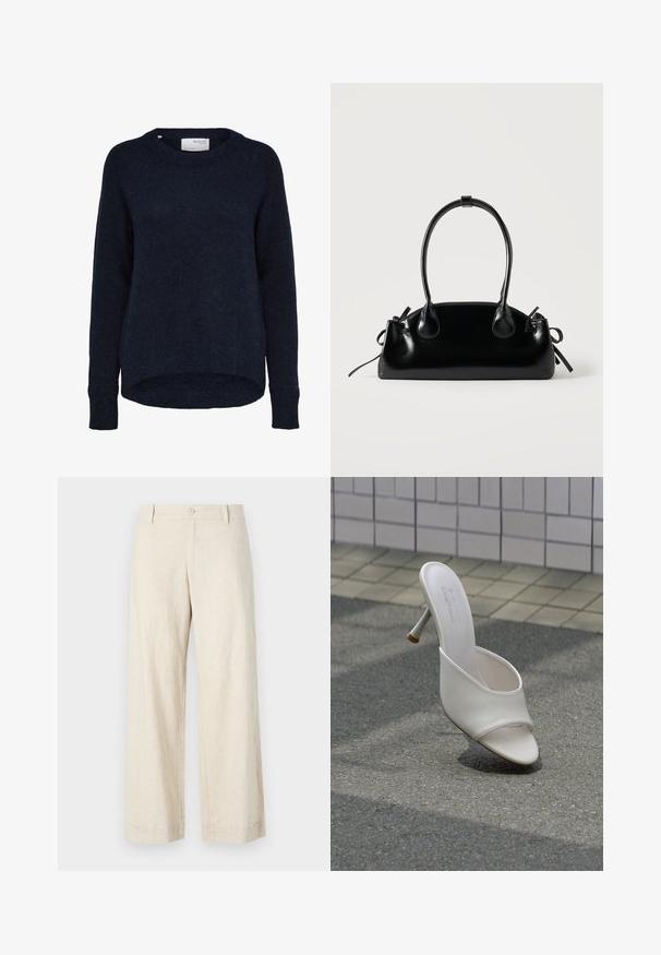 Dunkel marineblauer, gestrickter Pullover mit langen Ärmeln, rundem Ausschnitt und etwas längerem Rückensaum, mit dem Label Selected Femme.; Beige Leinenhosen, weit geschnitten, mit vorderem Knopfverschluss, flachem Frontdesign, zwei Seitentaschen, leichtem Material und sauberem Saum.; Weißer High-Heel-Pantolette mit offenem Zehenbereich schwebt über grauem Asphalt und vor einem Hintergrund aus gefliesten Wänden.; Kleine schwarze glänzende Handtasche mit zwei langen Griffen und seitlichen Kordelzug-Details vor einfachem hellem Hintergrund.