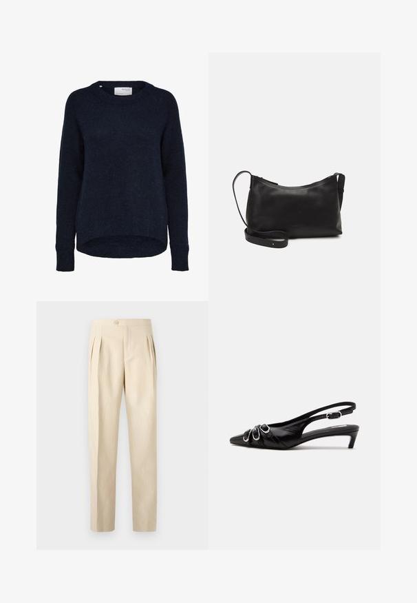 Dunkel marineblauer, gestrickter Pullover mit langen Ärmeln, rundem Ausschnitt und etwas längerem Rückensaum, mit dem Label Selected Femme.; Beige, hoch taillierte Hosen mit vorderen Falten, einem einzigen Knopfverschluss und geradem Bein. Hergestellt aus einem strukturierten, gewebten Stoff.; Schwarzer Lederslingback mit spitzer Spitze, drei silbernen Schnallen vorne und niedrigem Kittenabsatz auf weißem Hintergrund.; Schwarze Ledertasche für die Schulter mit glatter Textur, geschwungener Form, verstellbarem Tragegurt und Reißverschluss. Minimalistisches Design ohne Verzierungen.