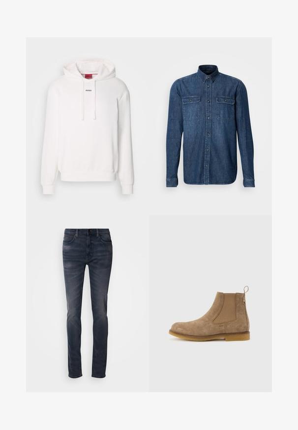Witte hoodie met lange mouwen, trekkoordkap, voorste kangaroezak en subtiele "HUGO" logo op de borst. Zachte stof textuur.; Lange mouwen denim shirt, donkerblauw, twee borstzakken met klepjes, knoopsluiting aan de voorkant, kraag en gestikte details op de mouwen.; Donkergewassen denim jeans met een slanke pasvorm, voorzien van een knoopsluiting, vijf zakken en subtiele vervaging. Rechte pijp met een gladde textuur.; Lichtbruine suède Chelsea-laars met elastische zijpanelen, aantreklus bij de hiel en rubberen zool.