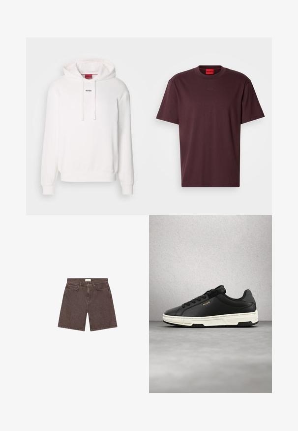 Witte hoodie met lange mouwen, trekkoordkap, voorste kangaroezak en subtiele "HUGO" logo op de borst. Zachte stof textuur.; Bordeauxrode katoenen t-shirt met een ronde hals. Voorzien van een subtiel geperst "HUGO"-logo op de voorkant en korte mouwen. Eenvoudig design, gladde textuur.; Donkerbruine denim heren shorts met voorzakken, riemlussen, knoopsluiting en een lengte tot halverwege het bovenbeen op een witte achtergrond.; Zwarte lage sneaker met witte zool en "HUGO"-logo in goud aan de zijkant, zwevend boven een gepolijste betonnen vloer.
