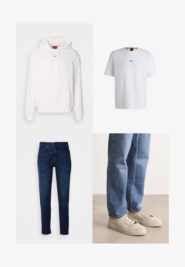 Witte hoodie met lange mouwen, trekkoordkap, voorste kangaroezak en subtiele "HUGO" logo op de borst. Zachte stof textuur.; Witte katoenen T-shirt met korte mouwen, voorzien van een zwart "BOSS"-logo in het midden van de borst en een ronde halsontwerp.; Donkerblauwe denim jeans met een rechte pijpdesign, voorzien van zakken en een knoopsluiting bij de taille. Zachte textuur, minimale vervagingdetails.; BOSS GARYTENN_SDHDEL - Sneakers laag - natural ten