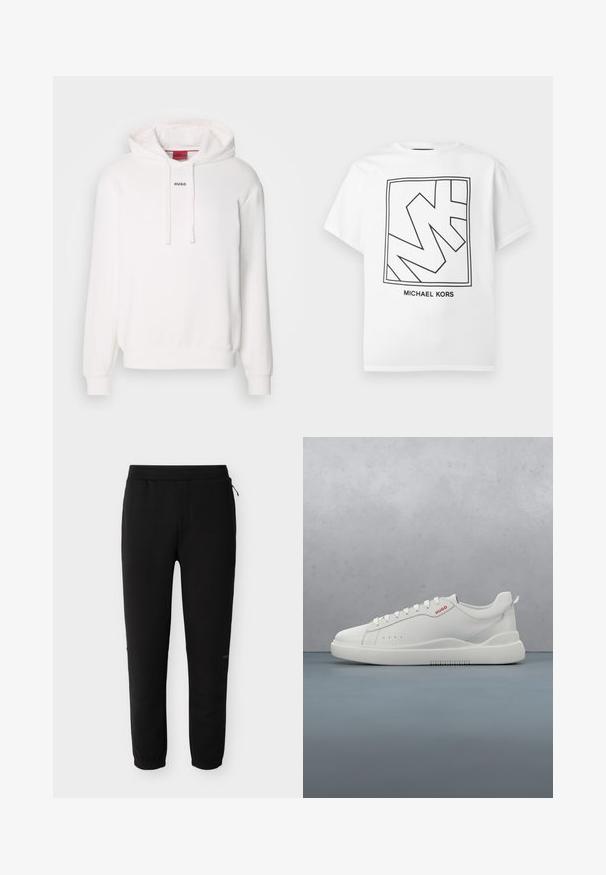 Witte hoodie met lange mouwen, trekkoordkap, voorste kangaroezak en subtiele "HUGO" logo op de borst. Zachte stof textuur.; Wit katoenen T-shirt met een zwart geometrisch logo binnen een rechthoekige rand en de tekst "MICHAEL KORS" eronder.; Zwarte joggerbroek met elastische tailleband en enkelsluitingen, voorzien van een kleine zijrits en een subtiel merklogo op het rechterbeen.; Witte sneaker met een gladde leren afwerking, ronde neus, vier veterogen, subtiele perforaties en een rood logo detail aan de zijkant.