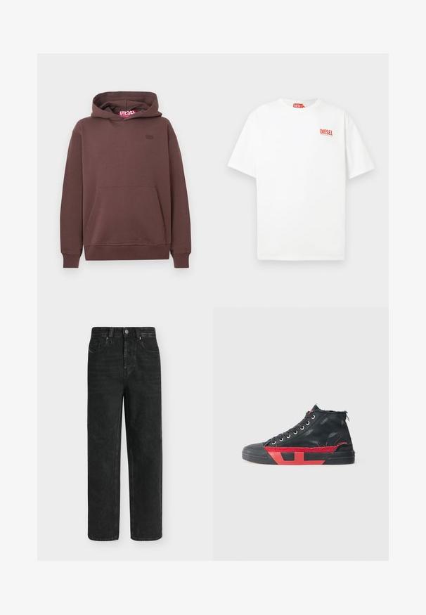Καφέ pullover φούτερ με μπροστινές τσέπες καγκουρό, ριμπ μανσέτες και στρίφωμα, μικρή κεντητή λογότυπο στο στήθος και ετικέτα με το σήμα της μάρκας μέσα στην κουκούλα.; Λευκό βαμβακερό κοντομάνικο μπλουζάκι με κόκκινο λογότυπο "DIESEL" στη αριστερή πλευρά του στήθους, με χαλαρή εφαρμογή και απλό σχέδιο.; Μαύρο τζιν με ίσια γραμμή, ψηλή μέση, με κουμπί και φερμουάρ μπροστά, πλαϊνές και πίσω τσέπες, παρουσιασμένο σε απλό φωτεινό φόντο.; Μαύρο ψηλό αθλητικό παπούτσι με κόκκινες λεπτομέρειες και φθαρμένη επιφάνεια. Διαθέτει υφασμάτινο επάνω μέρος με υφή και λάστιχο σόλα με κομμένη σχεδίαση.