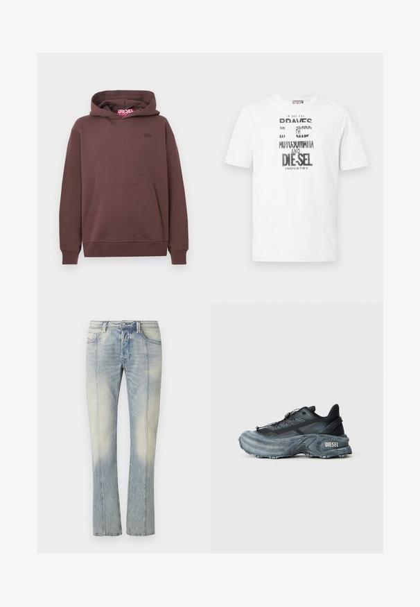 Καφέ pullover φούτερ με μπροστινές τσέπες καγκουρό, ριμπ μανσέτες και στρίφωμα, μικρή κεντητή λογότυπο στο στήθος και ετικέτα με το σήμα της μάρκας μέσα στην κουκούλα.; Λευκό κοντομάνικο μπλουζάκι Diesel με ασπρόμαυρο γραφικό κείμενο και λογότυπο εμπρός, στρογγυλή λαιμόκοψη και κόκκινη ετικέτα λογότυπου στη ραφή πλευράς.; Ανοιχτό μπλε τζιν παντελόνι με ευθεία γραμμή, διπλή ραφή, εμπρόσθιες τσέπες και ξεθωριασμένο φινίρισμα. Χωρίς ορατή επωνυμία.; Μαύρο και γκρι sneaker Diesel με παχιά σόλα, σύρμα κορδονιού και υφή σε απλό ανοιχτό γκρι φόντο.