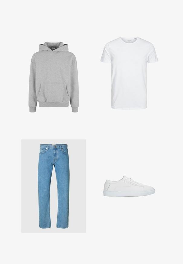 Grauer Kapuzenpullover mit langen Ärmeln und Fronttasche. Hergestellt aus weichem Stoff mit gerippten Bündchen und Saum. Minimalistisches Design und vielseitiger Stil.; Rundhals-T-Shirt mit kurzen Ärmeln in reinem Weiß, aus weicher Baumwolle, mit einem schlichten Design ohne sichtbare Muster oder Akzente.; Hellblaue Jeans aus Denim verfügen über ein gerades Bein-Design, einen Five-Pocket-Stil und einen Reißverschluss mit Metallknopfverschluss.; Weißer niedriger Sneaker mit Schnürdesign, glattem Lederobermaterial und flacher Gummisohle, seitlich auf weißem Hintergrund dargestellt.