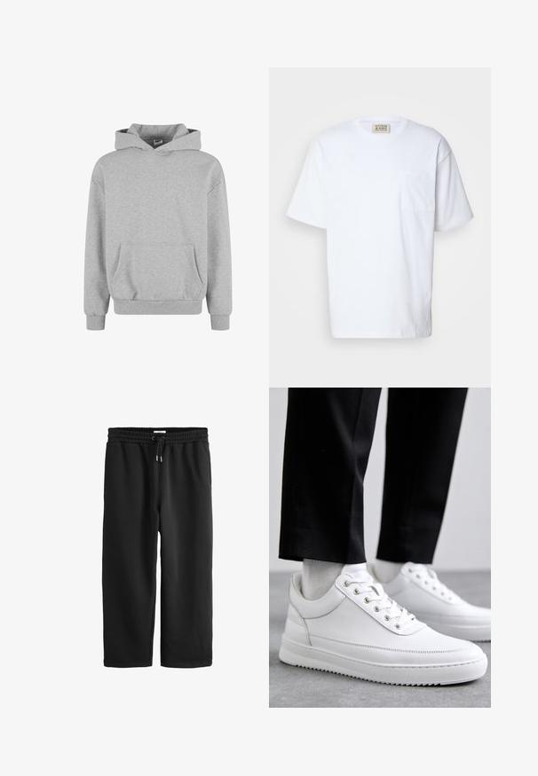 Grauer Kapuzenpullover mit langen Ärmeln und Fronttasche. Hergestellt aus weichem Stoff mit gerippten Bündchen und Saum. Minimalistisches Design und vielseitiger Stil.; Weißes Kurzarm-T-Shirt aus Baumwolle. Mit einer Brusttasche und feinen Nähten an der Tasche. Rundhalsausschnitt.; Schwarze Sweatpants mit weitem Bein, elastischem Bund und verstellbarem Kordelzug, gefertigt aus weichem, komfortablem Stoff.; Weiße Leder-Sneaker mit flacher Gummisohle, ausgestattet mit einer glatten Oberfläche, runder Zehenpartie und Metallösen für die Schnürsenkel. Getragen mit schwarzen Hosen.