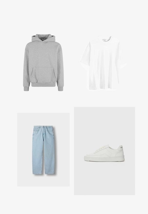 Grå sweatshirt med hætte, lange ærmer og frontlomme. Fremstillet af blødt stof med ribbede manchetter og kant. Minimalistisk design og alsidig stil.; Hvid bomulds t-shirt med korte ærmer, rund hals, løs pasform og glat tekstur. Ingen synlige mønstre eller accenter.; Lyseblå lige denimjeans med forlommer, bæltestropper og knaplukning på en grå baggrund.; Hvide lædersneakers med en glat overflade, rund tå, flade snørebånd og en tekstureret sål. Har et diskret logo på hælen.