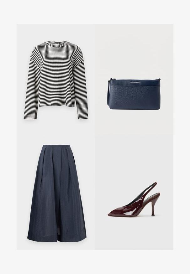 Haut à manches longues à rayures noires et blanches, avec un col rond, une coupe décontractée et un motif en tricot texturé. Longueur cropée.; Jupe midi bleu marine à taille haute, évasée et avec de légers plis sur un fond uni.; NEOUS HAMAL - Escarpins à talons hauts - dark chocolate; Pochette en cuir marine avec une texture granulée, une fermeture éclair supérieure élégante et un accent logo argenté. Bracelet détachable pour plus de polyvalence.