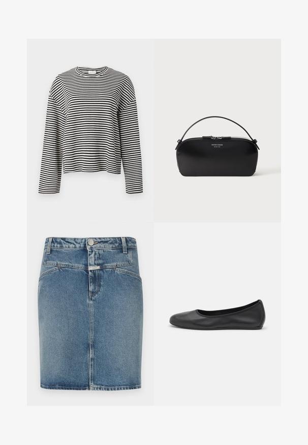 Haut à manches longues à rayures noires et blanches, avec un col rond, une coupe décontractée et un motif en tricot texturé. Longueur cropée.; Jupe en denim bleu clair, avec une coupe ajustée, un style cinq poches, une fermeture à boutons sur le devant et des détails de coutures visibles.; Ballerines en cuir noir avec un bout rond, texture lisse, détails de couture minimalistes et design de semelle flexible.; Petit sac bracelet en cuir noir avec fermeture éclair argentée et poignée courte, logo Emporio Armani Milano 1981 embossé sur le devant.