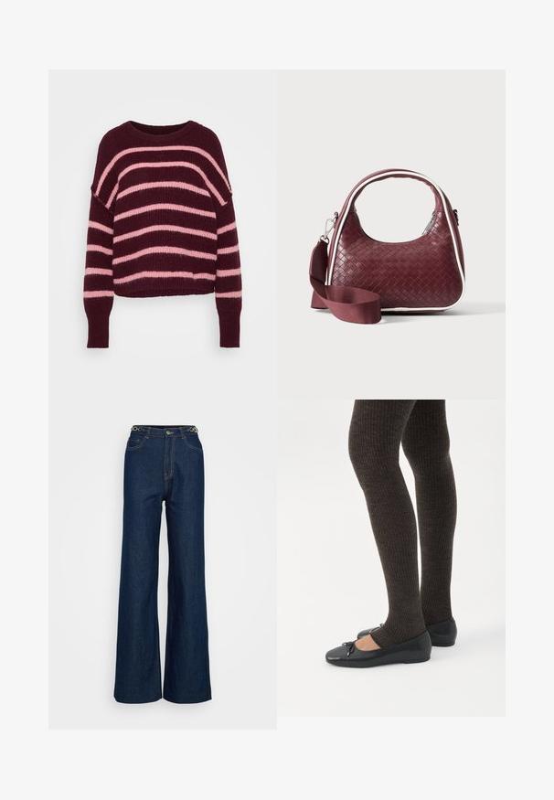Gestreepte trui met donkere bordeaux- en lichte roze kleuren, gebreide textuur, brede halslijn en lange mouwen met ribgebreide manchetten.; Donkerblauwe wijde spijkerbroek van denim met een klassiek vijf-pocket ontwerp, versterkte steken en een ronde hardwareaccent op de tailleband.; Benen met donkere geribbelde leggings gecombineerd met zwarte ballerina's met kleine strikdetails op een witte achtergrond.; Donkerrode geweven leren handtas met gebogen handvat, witte bies, zilveren rits en afneembare brede stoffen schouderriem tegen een effen achtergrond.