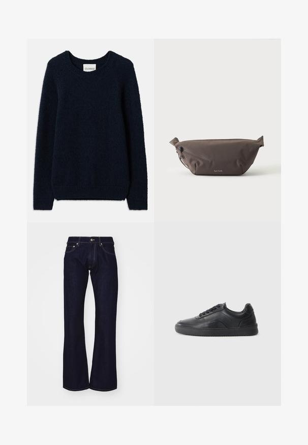 Navyblauwe gebreide trui met een ronde halslijn, lange mouwen en ribgebreide manchetten en onderkant. Zachte textuur en eenvoudig ontwerp, zonder patronen of accenten.; Donkerblauwe denim flared jeans met een hoge taille, voorzien van contrasterende gele stiksels en metalen accenten bij de taille en zakken.; Zwarte leren sneaker met een gladde afwerking, ronde neus, textuurpaneel aan de zijkant en zwarte veters. Voorzien van een platte rubberen zool en een minimalistisch ontwerp.; Donkerbruine stoffen heuptas met diagonale ritssluiting en klein wit logo aan de voorkant, tegen een effen lichte achtergrond.