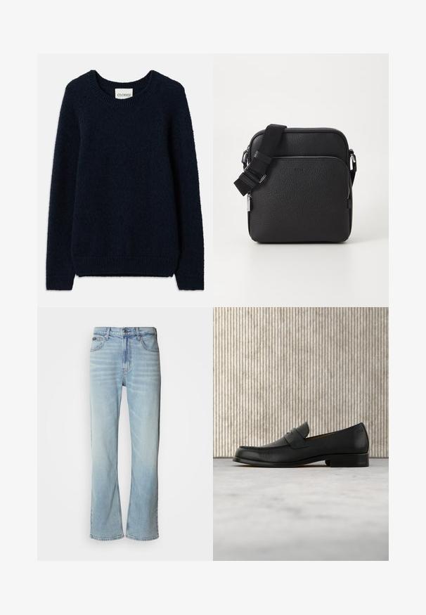 Navyblauwe gebreide trui met een ronde halslijn, lange mouwen en ribgebreide manchetten en onderkant. Zachte textuur en eenvoudig ontwerp, zonder patronen of accenten.; Lichtblauwe denim jeans met een rechte pijp, voorzien van vijf zakken, een knoopsluiting en subtiele vervaging op de stof.; Zwarte leren loafer zweeft boven een beige tapijt met op de achtergrond een glanzende, ronde, bruine tafel.; Zwarte leren schoudertas met een gestructureerd oppervlak, voorzien van een voorzak met rits, een verstelbare schouderband en metalen accenten.