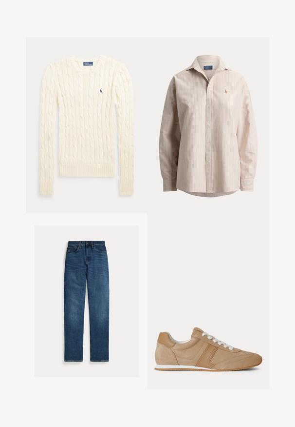 Dlhý sveter krémovej farby so vzorom vrkočového pletenia, s dlhými rukávmi, okrúhlym výstrihom a malým tmavomodrým logom Polo Ralph Lauren na hrudi.; Košeľa s dlhým rukávom na gombíky s ružovými a zelenými vertikálnymi pásmi a malým vyšívaným logom na ľavej strane hrude.; Modré džínsy z denimu s rovnými nohavicami, piatimi vreckami, zapínaním na gombíky a jemným vyblednutím na stehnách a kolenách, položené na bielom pozadí.; Svetlohnedý nízky teniska zo semišu a kože s bielymi šnúrkami a bielou gumovou podrážkou zobrazený z boku na bielom pozadí.