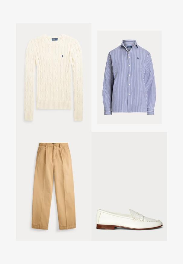 Kreemika värvi soonikkoes pika varrukaga kampsun ümar kaelusega ja väikese tumeloo sinise Polo Ralph Laureni logoga rinnal.; Sinise ja valge vertikaalsete triipudega pika varrukaga nööpidega särk, kraega ja väikese tikandiga logoga vasakul rinnal.; Beežid sirge säärega püksid, millel on nööp- ja luku kinnitused, ees taskud, vööaasad ja triigitud pressitud voldid sääreosa all.; Valged nahast loafers, millel on tekstureeritud viimistlus, ümar nina ja kudumise aktsent. Madal puidust konts ja minimalistlik disain.