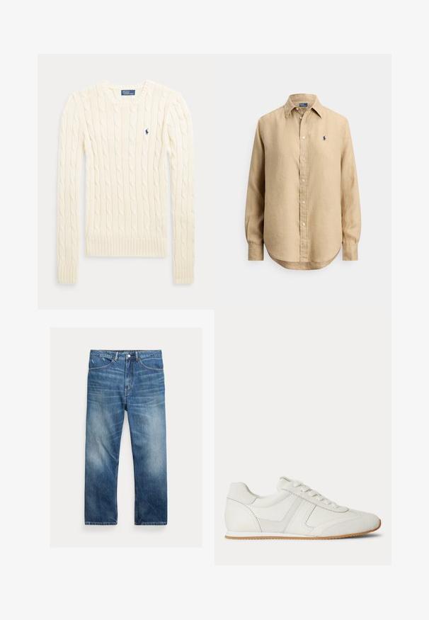 Kremfarvet kabelstrikket langærmet sweater med rund halsudskæring og lille navyblåt Polo Ralph Lauren-logo på brystet.; Beige langærmet skjorte med knapper, spids krave og lille marineblåt broderet logo på venstre bryst.; Blå vaskede denimjeans med lige ben, forlommer, bæltestropper og falmede detaljer på lår og knæ.; Hvid lavtop sneaker med snørelukning foran, ruskind- og læderpaneler og en lysebrun gummisål på en hvid baggrund.