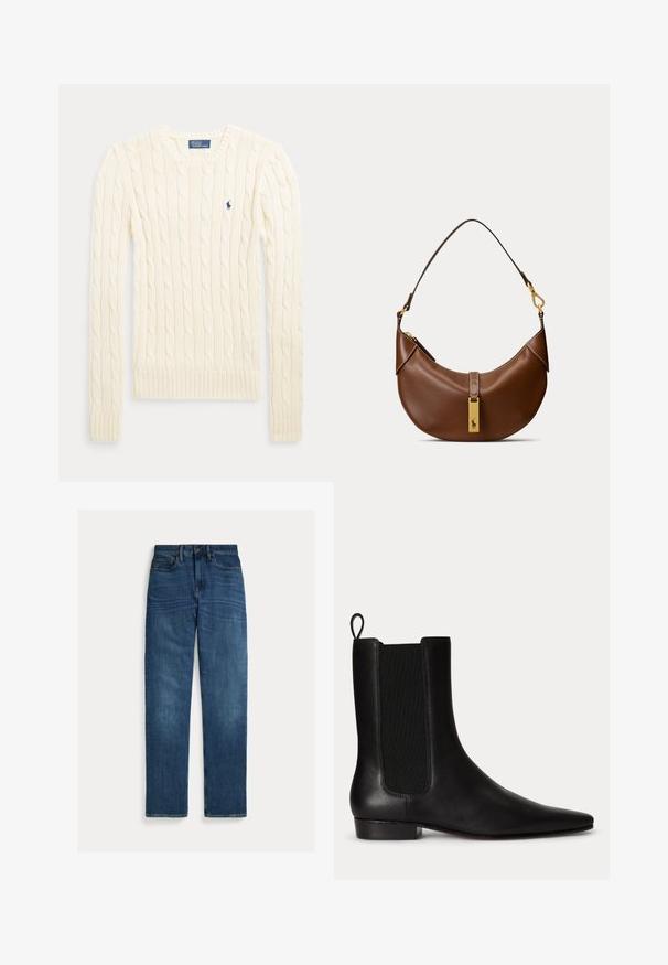 Kremfarvet kabelstrikket langærmet sweater med rund halsudskæring og lille navyblåt Polo Ralph Lauren-logo på brystet.; Straight-leg blå denim jeans med fem lommer, knaplukning og subtil falmning på lår og knæ, lagt fladt på hvid baggrund.; Sort læderankelstøvle med elastisk sidel panel, trækstrop bagpå, lav hæl og spids tå.; Brun læder skuldertaske i halvmåneform med en enkelt rem og en gylden rektangulær mærkat med en hestelogo.