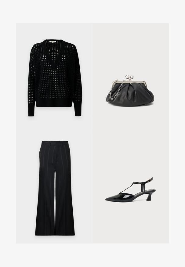 Pull noir tricoté avec un col en V et une coupe ample. Présente un motif texturé de trous sur l’ensemble et des manches longues avec des poignets côtelés.; Pantalon noir à jambes larges avec fines rayures verticales, devant plat, passants pour ceinture et texture lisse. Coupe ajustée conçue pour le confort.; Chaussure slingback en cuir verni noir à bout pointu avec bride en T et petit talon bloc incliné sur fond blanc.; Porte-monnaie en cuir noir avec texture froncée, cadre en métal argenté, fermeture à verrouillage kiss-lock et bandoulière en chaîne. Surface lisse et douce.