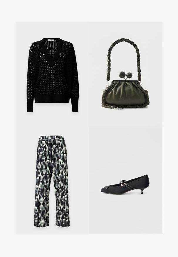 Pull noir tricoté avec un col en V et une coupe ample. Présente un motif texturé de trous sur l’ensemble et des manches longues avec des poignets côtelés.; Pantalon à jambes larges en tissu plissé, présentant un motif floral doux en noir et blanc, avec une ceinture élastique et un cordon de serrage.; Chaussures en satin noir à talons bas avec un bout pointu, ornées d'un nœud décoratif et de fines brides en cuir avec des accents dorés.; Sac à main en cuir vert olive avec poignée tressée et ferrures argentées, présentant un design froncé et des détails de fermoirs ronds sur le dessus.