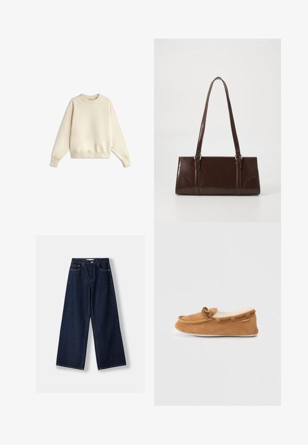 Sweat-shirt à manches longues de couleur crème avec col rond et poignets et ourlet côtelés, posé à plat sur un fond blanc.; Jean en denim bleu foncé à jambes larges avec fermeture avant par bouton et zip, poches avant et passants pour ceinture, posé à plat sur un fond blanc.; Mocassin en daim marron avec doublure en fausse fourrure, bout rond et détail de nœud décoratif. Présente une semelle en caoutchouc et un contour contrastant.; Sac à main en cuir verni marron de forme rectangulaire, avec deux longues poignées et des accents courbés subtils à l'avant.